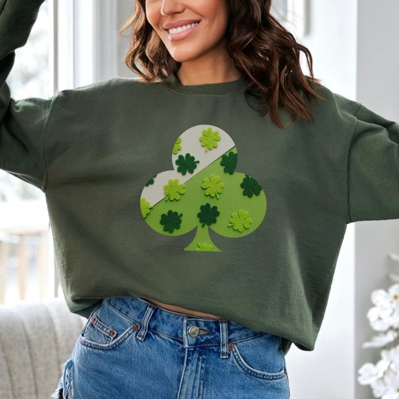 Military Green Shamrock Sweatshirt for Saint Patrick Day Clover Green Sweatshirt - Picture 7 of 9